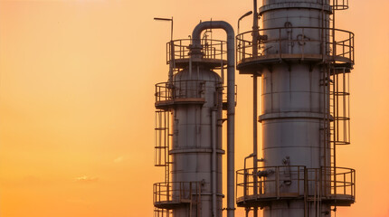 Naklejka premium Oil refinery distillation towers against orange sunset sky. Industrial processing plant equipment at golden hour.