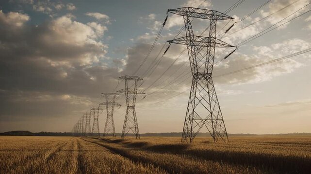 Torres de eletricidade e linhas de energia el&eacute;trica atravessando um campo rural sob um c&eacute;u nublado e din&acirc;mico.