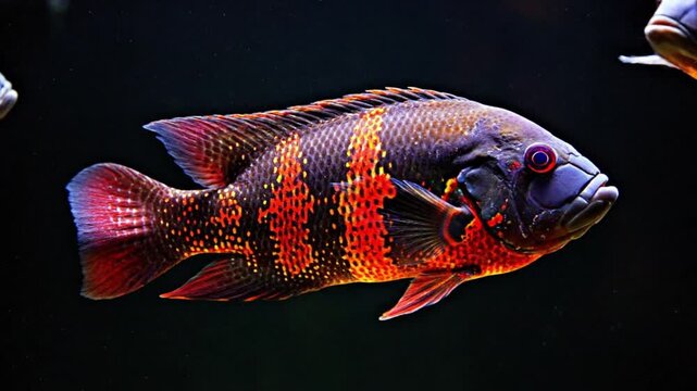 Tropical fish swimming, vibrant orange patterned cichlid.