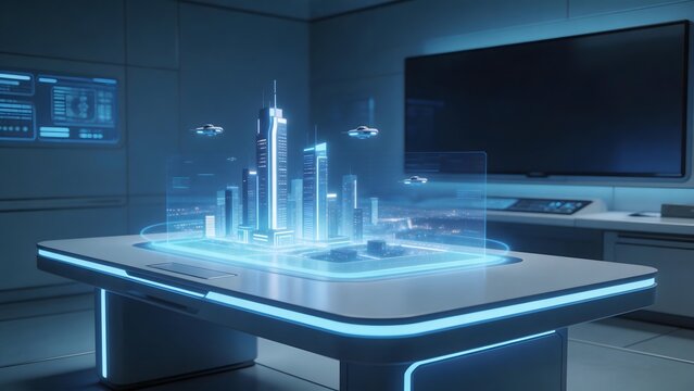 Futuristic city hologram in control room