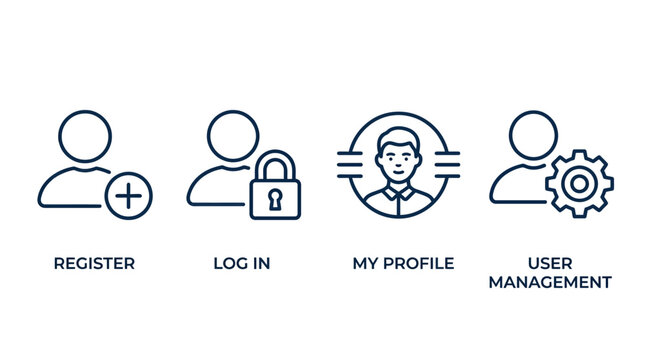 User Account Icons Representing Registration Login Profile and Management.
