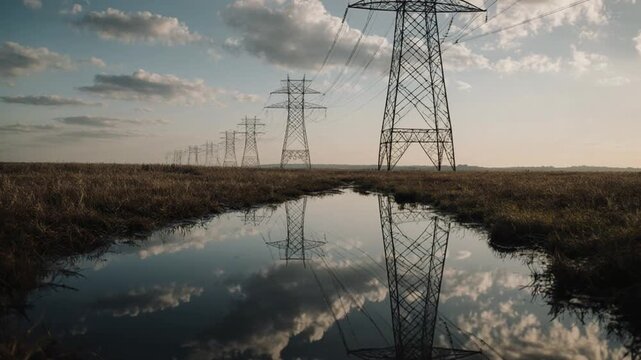 Torres de eletricidade e linhas de energia el&eacute;trica atravessando um campo rural sob um c&eacute;u nublado e din&acirc;mico.