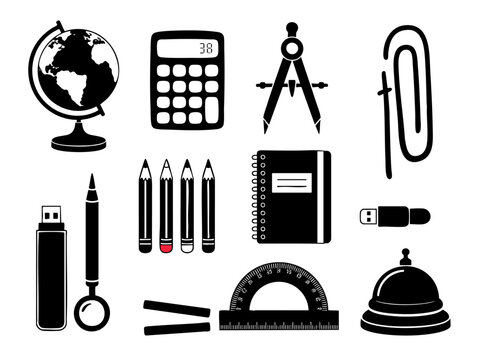 Flat vector modular layout with school supplies in 4x3 grid for educational catalog and UI kit design