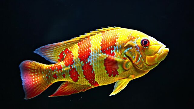 Vibrant tropical cichlid fish swimming in aquarium