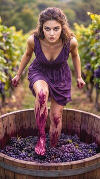 Young woman stomping grapes in wooden barrel at vineyard. Traditional winemaking process concept during autumn harvest.