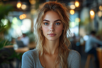 Obraz premium Young person working remotely in modern colorful coworking space with relaxed mood and natural light, freelance lifestyle concept