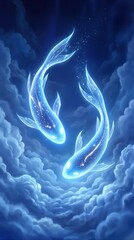 Obraz premium Bioluminescent koi fish swimming through night sky clouds. Pisces zodic sign concept with glowing aquatic creatures in starry atmosphere.