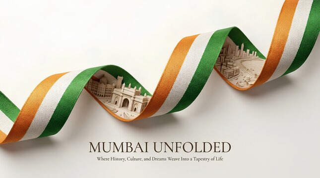 3D miniature Gateway of India and Mumbai skyline with Marine Drive inside flowing Indian flag silk, iconic coastal city heritage design.