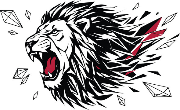 Exploding lion head graphic with geometric elements exploding geometric abstract wildlife