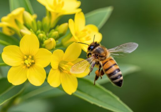 Bee pollinating bright yellow flowers in nature