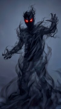 Malevolent entity composed of dark smoke and swirling mist with glowing red eyes. Shadowy figure in a powerful stance for fantasy and horror storytelling.
