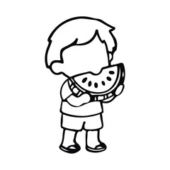 Fototapeta premium Cute boy eating a fresh slice of watermelon doodle illustration