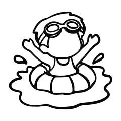 Fototapeta premium Cute kid swimming with inflatable ring tube doodle illustration