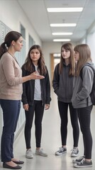 Fototapeta premium Educator speaking with group of adolescent girls in secondary education facility hallway. Teacher gesturing during conversation with students near lockers.