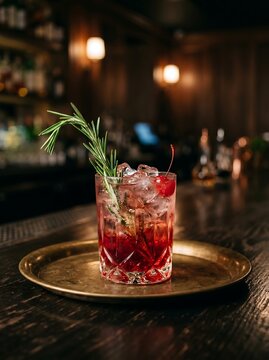 A ruby red Shirley Temple mocktail on a brass tray
