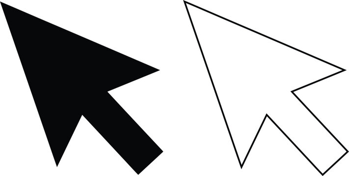 Computer mouse cursor pointer vector icon set featuring a solid black silhouette and a simple line outline graphic, perfect for digital web UI and software interface navigation design.