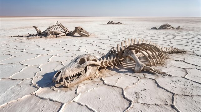 Prehistoric animal skeletons lying in cracked salt flat. Fossilized remains of extinct creatures in arid desert landscape.