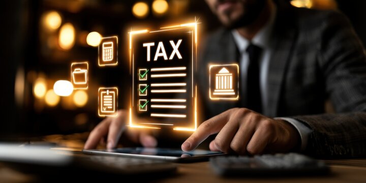 Businessman prepares tax documents using a tablet while working in a modern office at night with soft lighting in the background