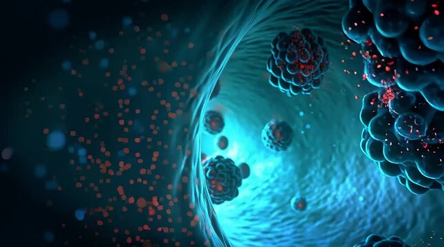 Microscopic view of virus cells and bacteria being destroyed by immunotherapy or targeted medical treatment within the human bloodstream