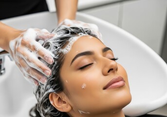 Naklejka premium Beautiful Young Woman Relaxing While Having Her Hair Washed with Shampoo in a Professional Beauty Salon
