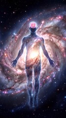 Obraz premium Cosmic entity with glowing brain floating in deep space. Universal consciousness and spiritual enlightenment concept.