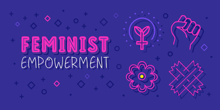 Feminist Empowerment Vector Illustration With Symbols And Purple Background