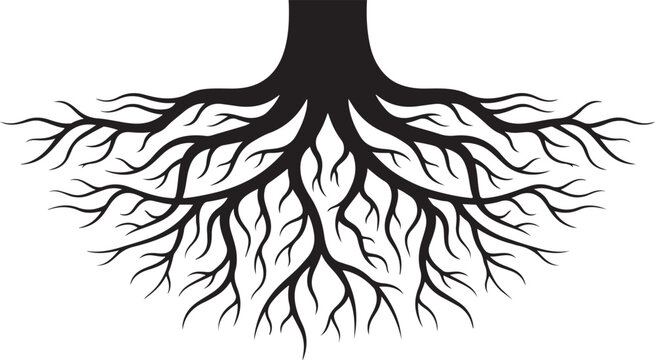 Abstract illustration of spreading tree roots with tree trunk organic shape underground branching