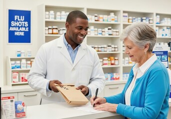 Fototapeta premium Smiling Male Pharmacist Handing Prescription Bag to Senior Female Customer in Modern Pharmacy Drugstore