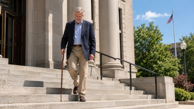 Senior businessman walking down courthouse steps in formal suit with confident professional urban lifestyle