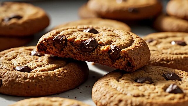 Close-up shot of delicious homemade chocolate chip cookies, a sweet indulgence.