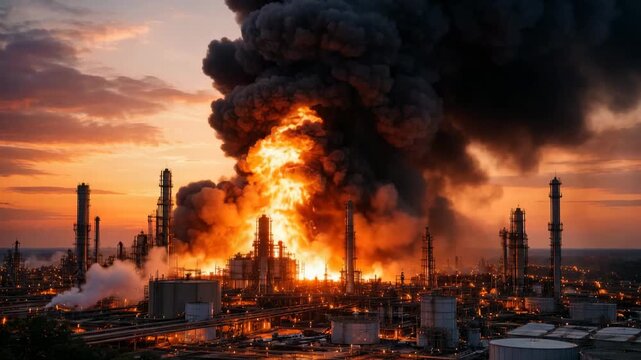Massive industrial refinery explosion with thick black smoke and dramatic fire at sunset skyline scene