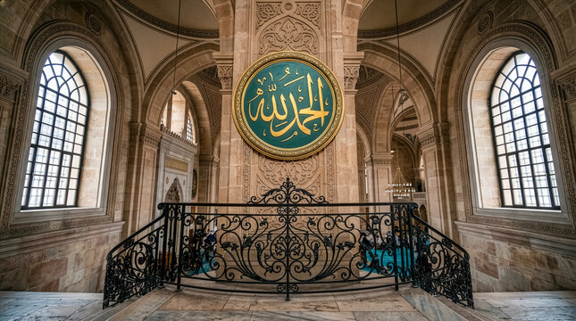 Intricate Islamic calligraphy adorns a grand mosque interior wall.