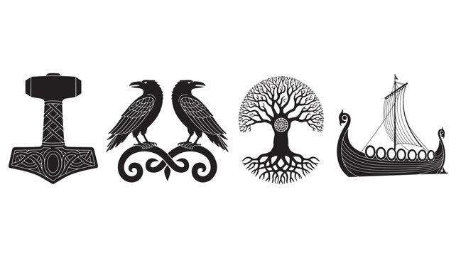 Norse Mythology Symbols: Mjolnir, Ravens, Yggdrasil, and Viking Longship