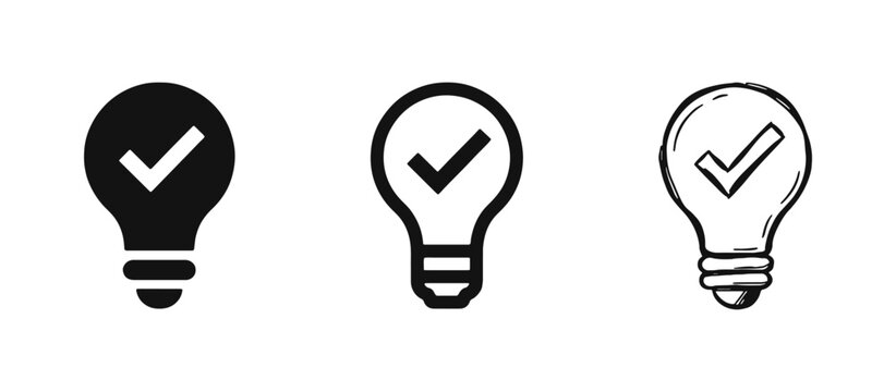 Successful idea and creative solution icon set. Lightbulb with check mark symbol.