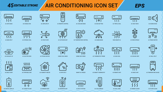 Air conditioning line art icons set, AC split system, AC remote control, AC temperature control, AC smart thermostat, AC portable unit, AC inverter unit, AC window unit, AC cassette unit, Web icon, Ap