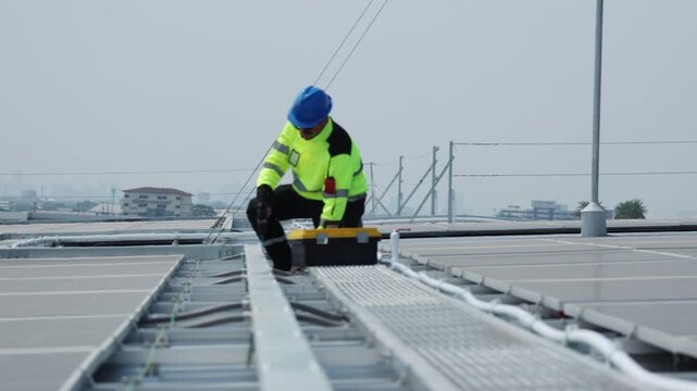Male electrician wearing helmet and sunglasses installs solar panels carrying toolbox filled with equipment safely inspecting the rooftop solar panel equipment during field inspection.