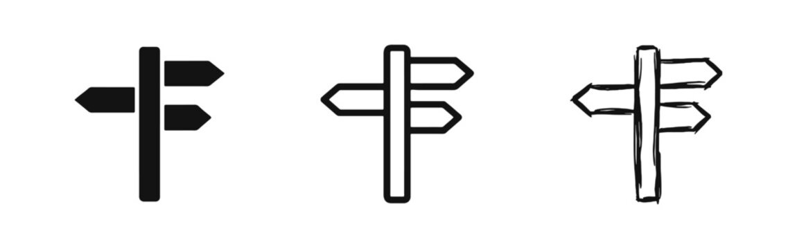Directional signpost and wayfinding icon set. Guide post with arrows in three styles.