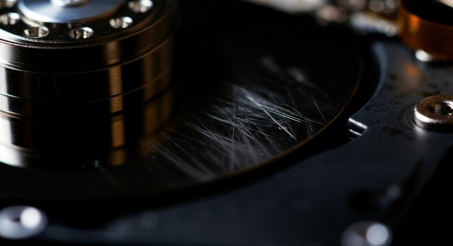 Macro detail deep friction scoring mechanical scratches crashed hard disk drive.