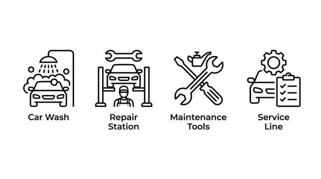 Automotive Service Icons Representing Car Wash Repair Maintenance and Service.