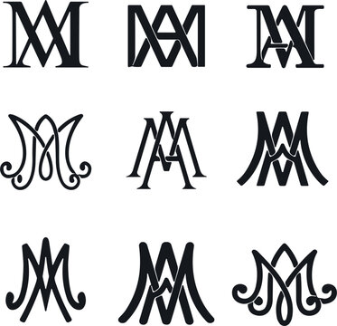 Elegant MA or AM Monogram Logo Icon Set with Decorative Lettering Styles in Classic and Ornate Designs for Brand, Wedding, and Luxury Design Projects