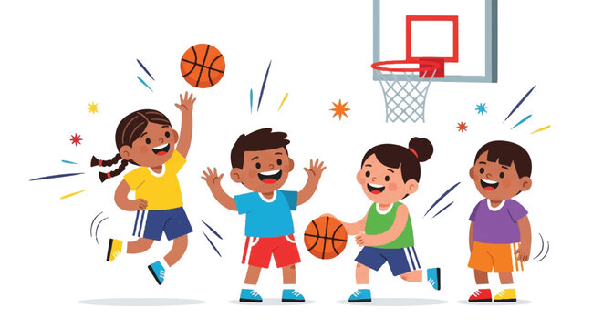 Group of smiling children playing a colorful basketball game outdoors.