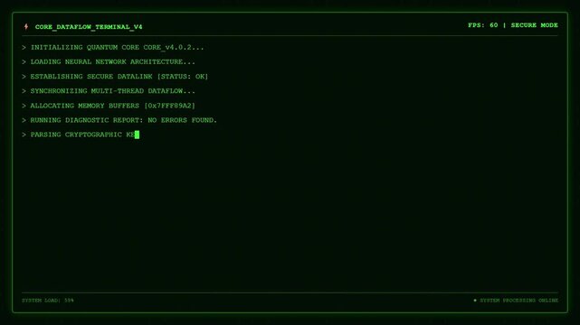 Core Dataflow Terminal Displaying Quantum Processing Initialization Script And Blockchain Ledger Synchronization Status Green HUD UI Screen.