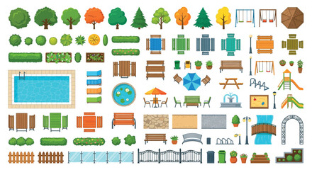 Fototapeta premium Park Elements Vector Illustration With Trees Benches And Pool