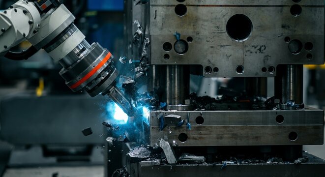Close up industrial robotic arm end effector crushed jammed against heavy.