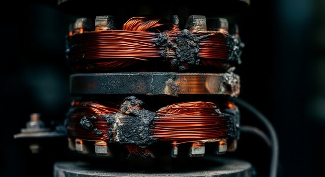 Seamless macro texture burned scorched copper stator windings overloaded industrial elevator.