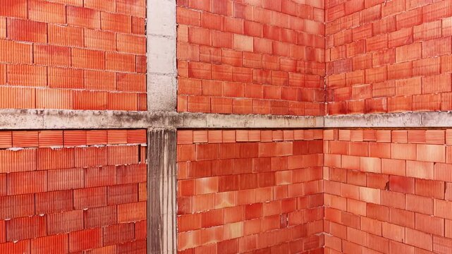 Factual close up of hollow clay blocks layered with mortar within a concrete structural column framework. Interior corner view of red ceramic brick walls. Aerial view.