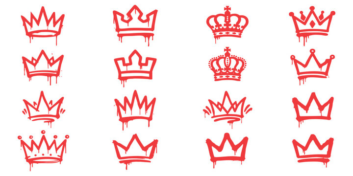 Stylized red graffiti crown icons collection featuring royal monarch tiara designs with paint drip texturing