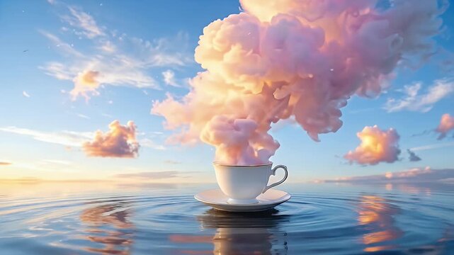 A surreal teacup floating on a calm, reflective water surface with a massive, dreamlike cloud emerging from it against a sunset sky