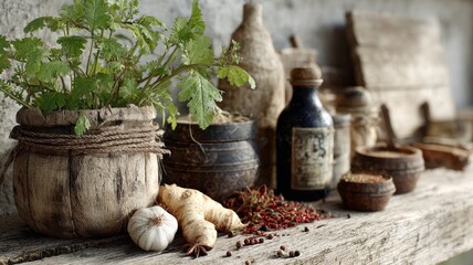 Fototapeta premium rustic kitchen setup with fresh horseradish and spices, traditional cooking atmosphere