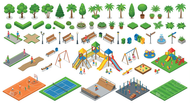 Isometric park elements collection vector illustration with white background